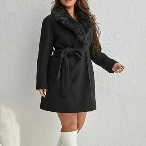 Black Party Women's Plus Borg Collar Belted Overcoat